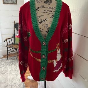 Blizzard Bay Festive Red and Green Women's Christmas Cat Sweater, Large, EUC